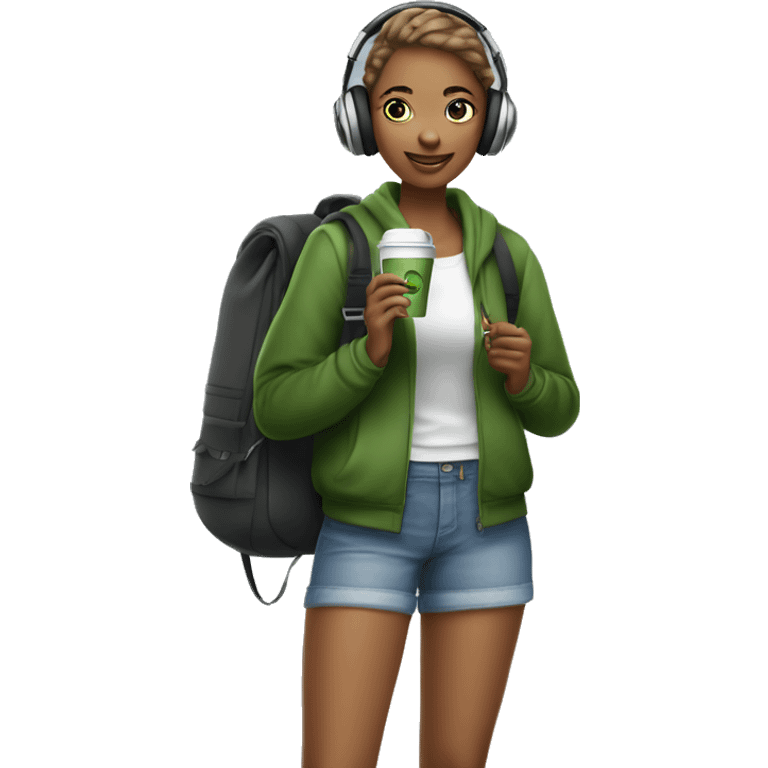 21 year old trendy athleisure girl with a school bag, headphones holding a green coffee emoji