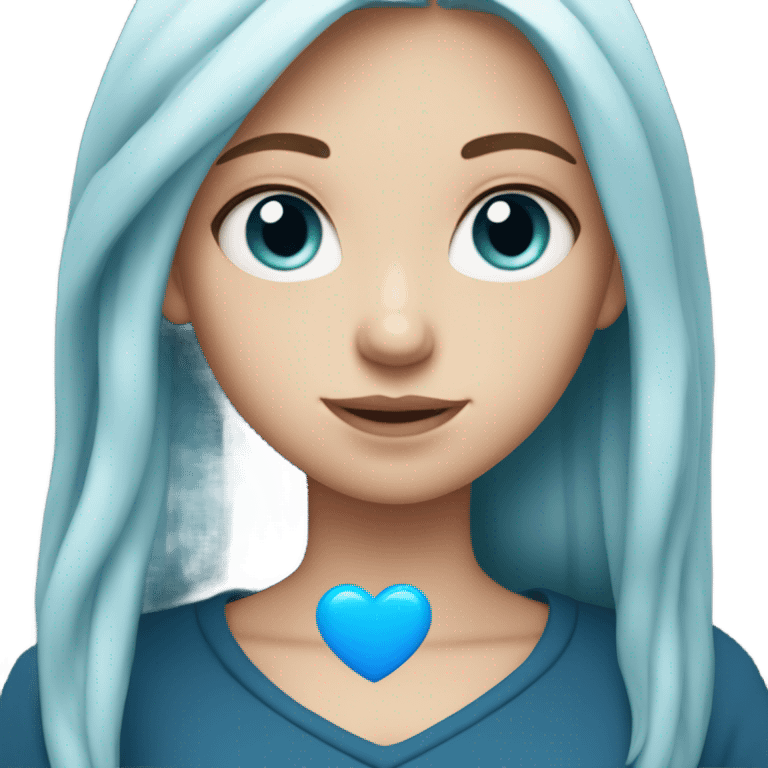 white girl with long blue hair in a black sweatshirt holding a blue heart emoji