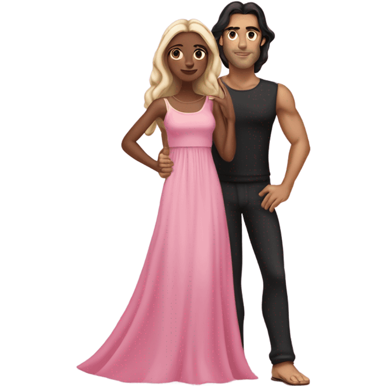 A handsome pale Greek god man who has long brown hair and tanned skin with a pretty black skinny tall model woman who has long black hair and she is wearing a pink dress and they are a couple emoji