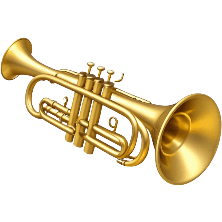 Create a sleek and polished emoji representing the Brahner trumpet. The design should feature the shiny brass body of the trumpet, with its distinct bell shape and coiled tubing. Highlight the three smooth, finger-operated valves, and the mouthpiece at the top of the instrument. The finish of the trumpet should be a rich, golden brass tone with subtle reflections, giving it a polished and professional appearance. Add musical notes or soundwaves around the bell of the trumpet to evoke its bold and brassy sound. Use golden, brass, and silver tones to emphasize the vibrant, high-quality design of the trumpet. The background should be transparent. emoji