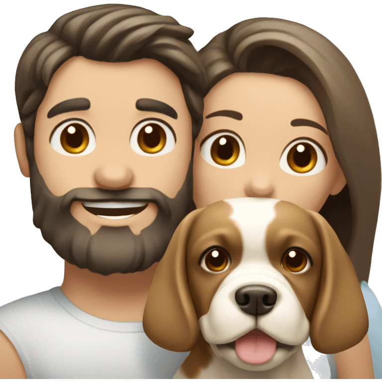 Brunette happy couple boy with beard and girl  with long hair with one cute beige French bull dog  emoji