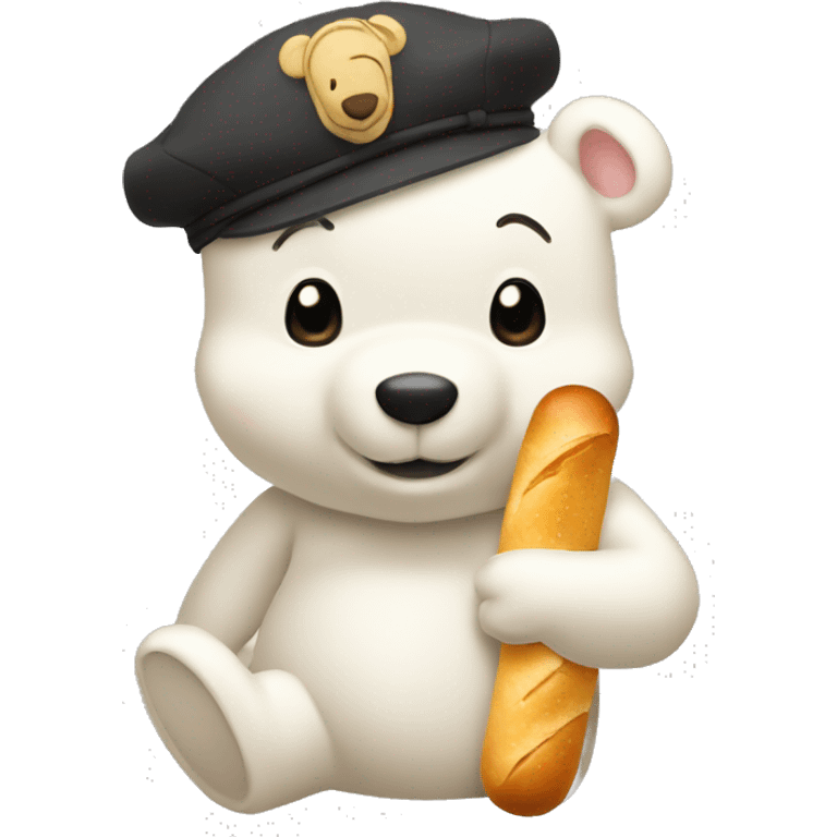 white winnie the pooh, parisien style with beret on hair and baguette on arms emoji