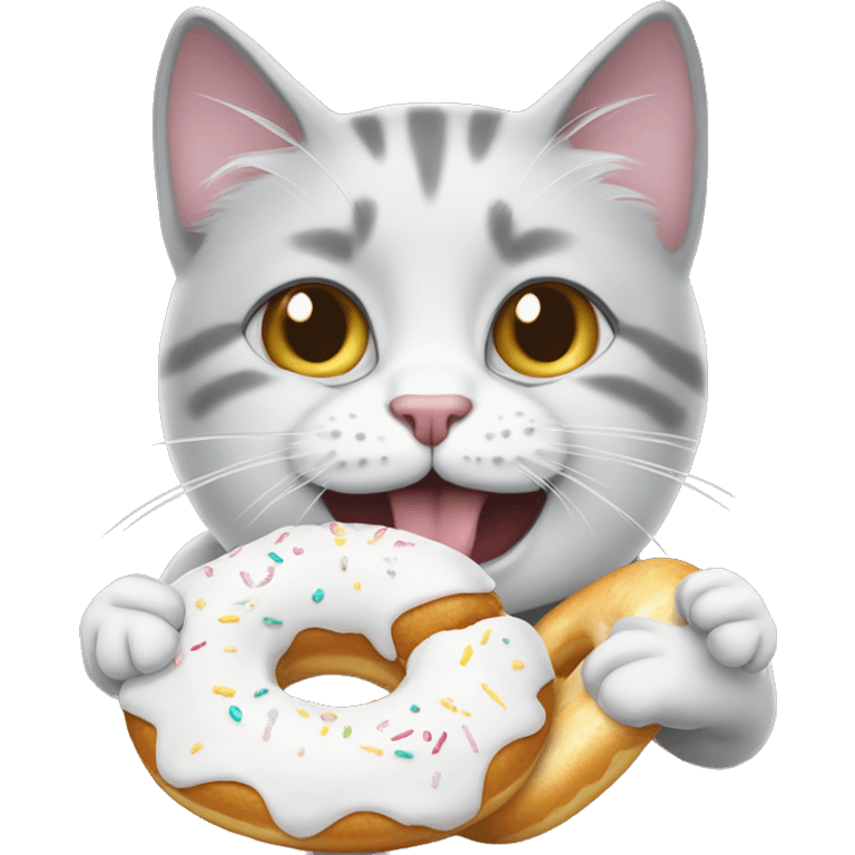 grey-white cat eats white donut emoji