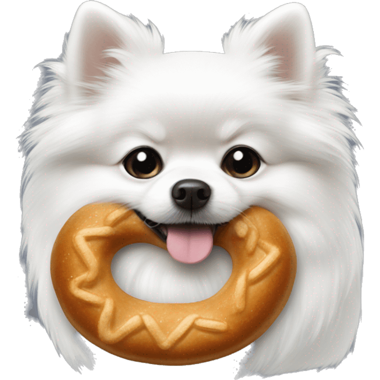 White small Pomeranian dog with black with pretzel emoji