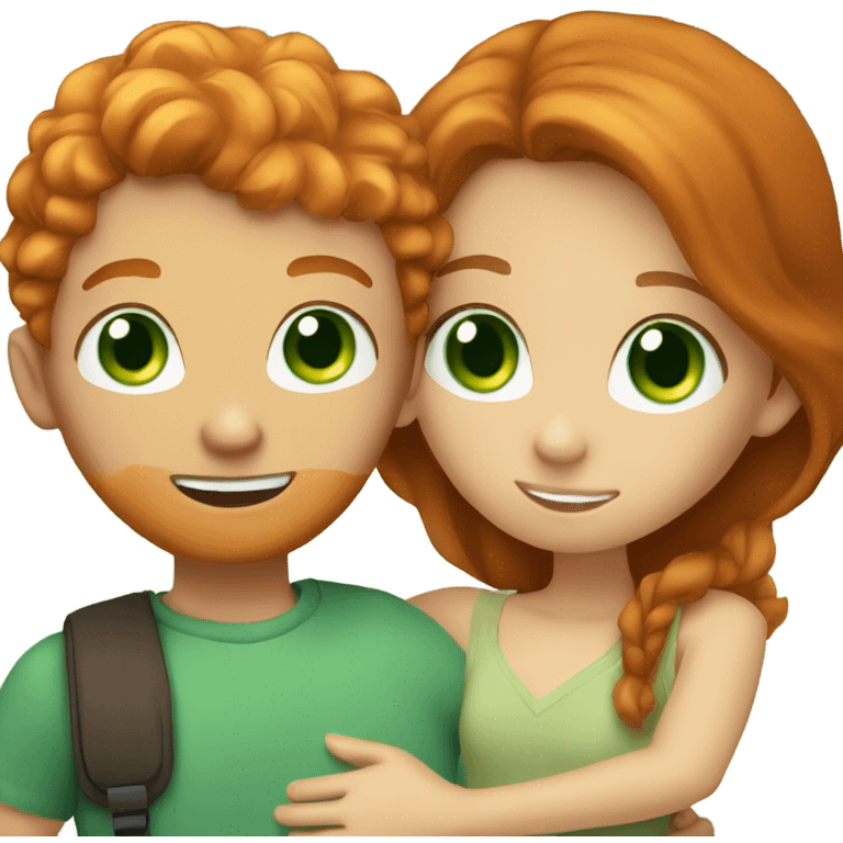 Ginger boy with blue eyes and brunette girl with green eyes couple hugging emoji