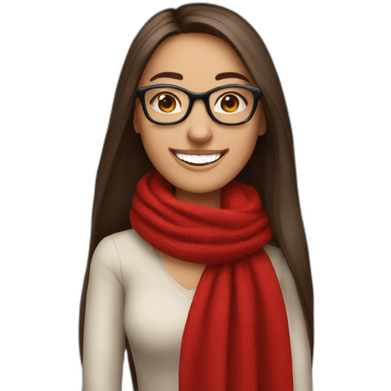 brunette young lady with long straight hair wearing a red scarf and glasses, laughing emoji