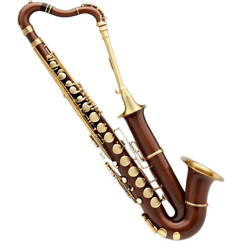 Create an elegant and detailed emoji representing a professional Yamaha bassoon. The design should feature the sleek wooden body of the bassoon with its rich wood tones, showing the intricate keywork and metal springs. The metal tubing of the instrument should be clearly visible, with polished brass accents. Highlight the bell and the distinctive, curved shape of the instrument. The mouthpiece and reed should be visible at the top, emphasizing the functional details. Use warm wood tones like dark brown, with gold and brass accents for the keys and fittings. Add soft musical notes or soundwaves to represent the deep, resonant sound of the bassoon. The background should be transparent. emoji