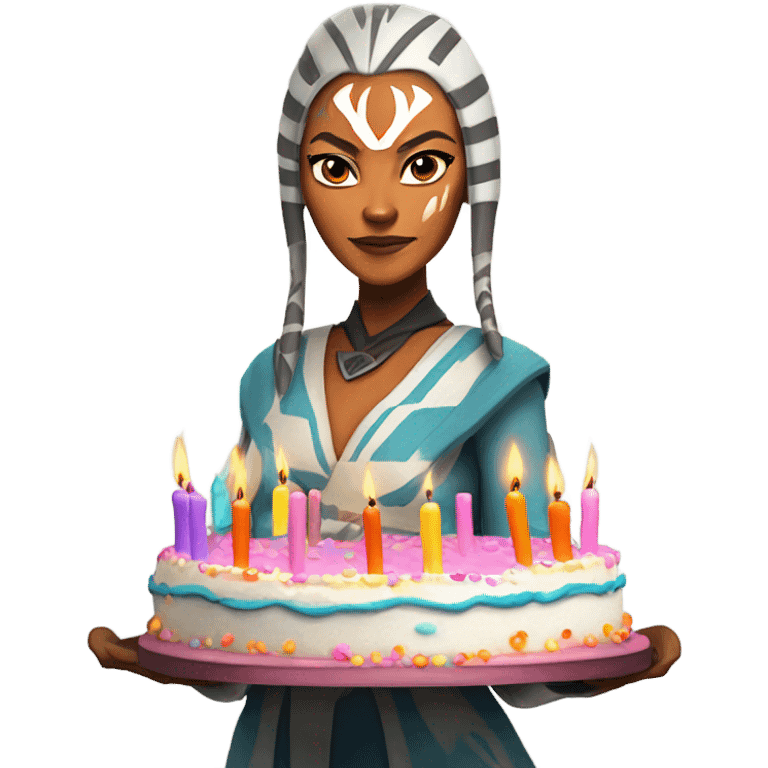 Ahsoka Tano holding a birthday cake with candles emoji