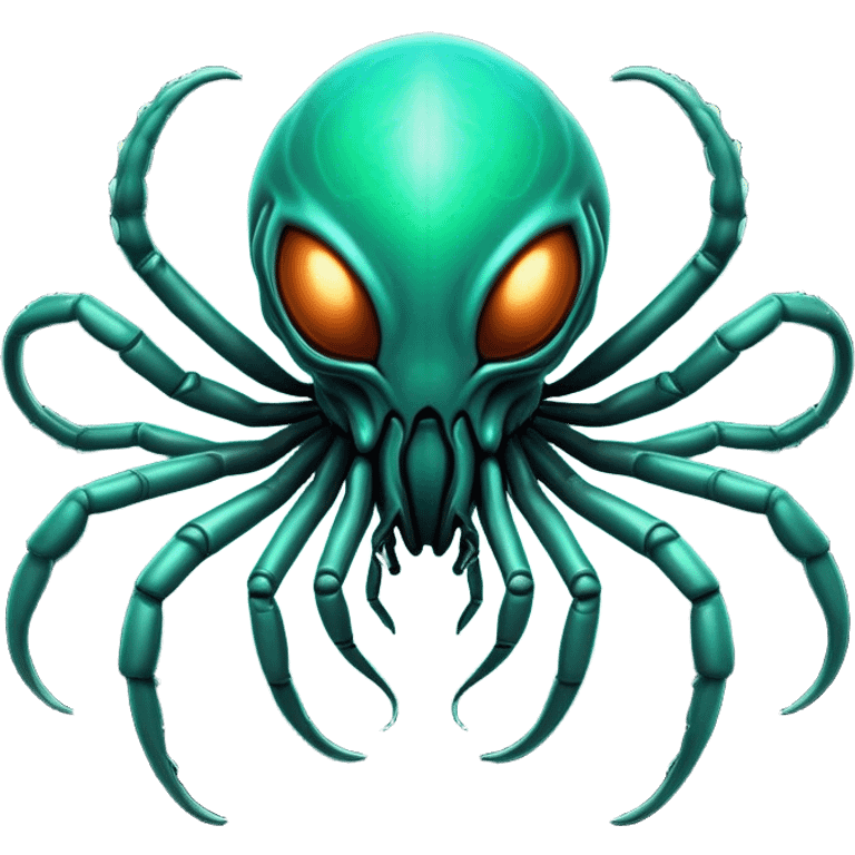 Clash of Clans aesthetic: Cinematic fierce arachnid Alien Emoji, rendered in a 3D vector-style similar to standard emojis with minimal shading and bold, simplified shapes. A compact, isometric, otherworldly creature with insectoid, organic details and subtle, eerie tentacles, softly glowing with a sinister alien charm. Simplified yet unmistakably iconic, highly detailed and consistent, glowing with a soft, spectral radiance and high shine. Stylized with a touch of bio-engineered mischief and a soft glowing outline, capturing the essence of a fearsome extraterrestrial menace with a playful twist! emoji