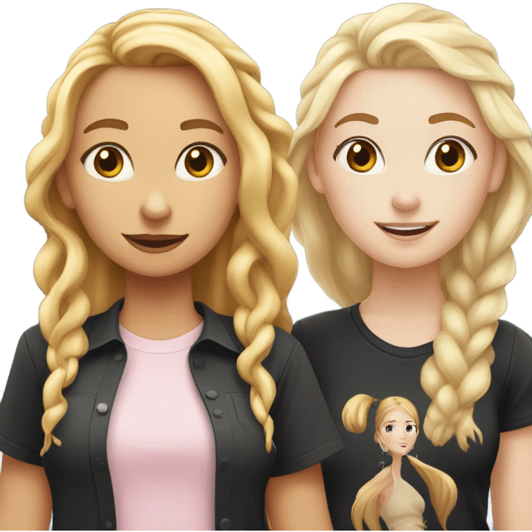 White blonde girl with long braids in light pink shirt, white redhead girl long wavy hair in black shirt emoji