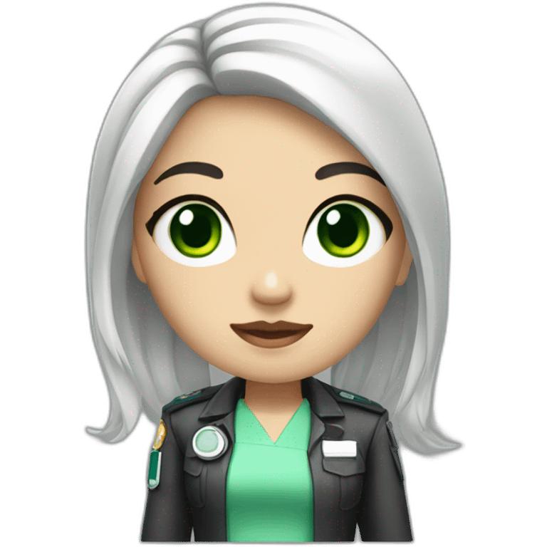 a medic girl with cream, shoulder-length black hair, with accessories, green eyes emoji