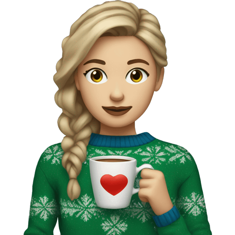 Light brown short haired girl with green eyes drinking coffee wearing blue Christmas sweater emoji