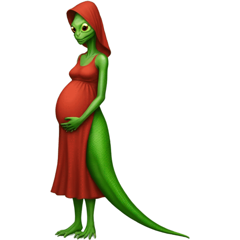 green Pregnant Reptilian alien woman, full body in red dress emoji