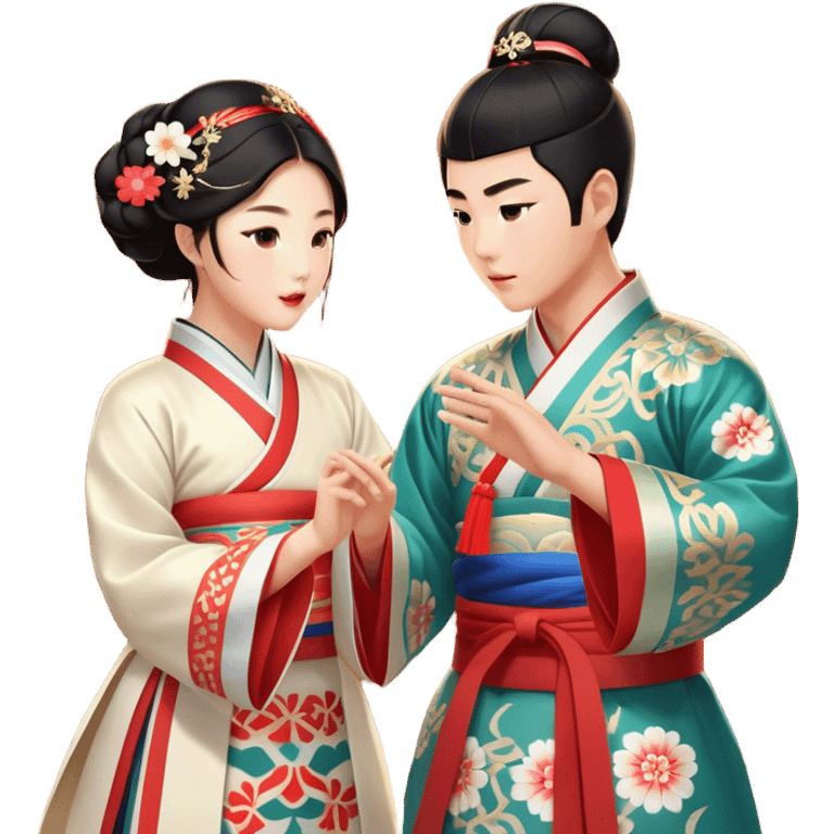 Cinematic Realistic scene of two performers engaging in Ganggangsullae, dressed in traditional Korean costumes with intricate patterns and graceful movements, illuminated by soft, festive lighting that accentuates the cultural ambiance emoji