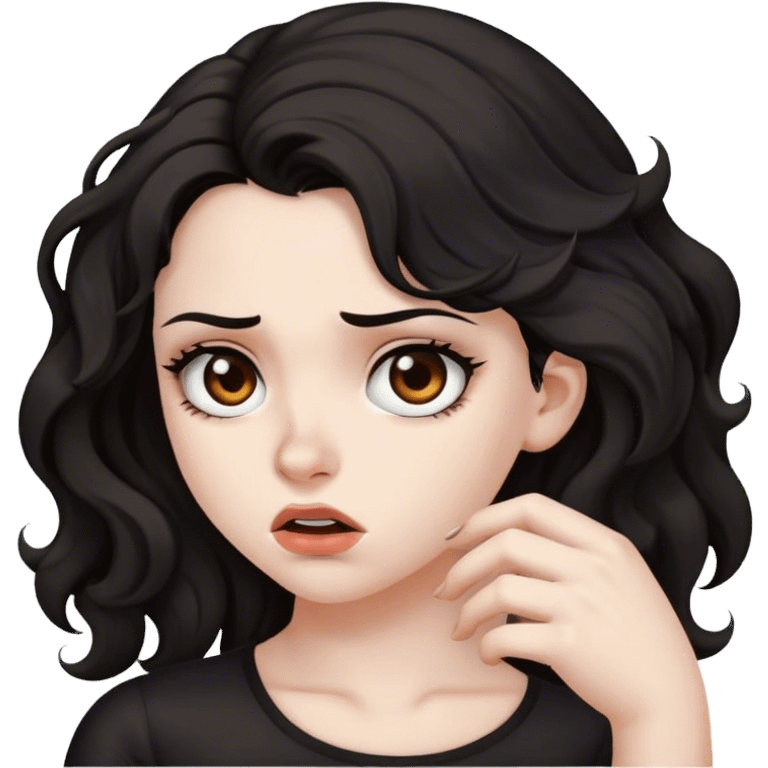 Pale skin, girl, brown eyes, blavk wavy hair, diagust expression, prettt emoji