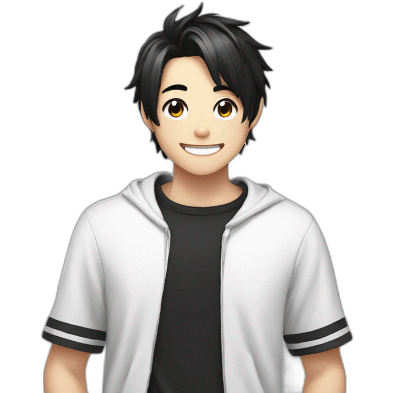 anime boy cartoon smiling with black haircut and black and white t shirt emoji