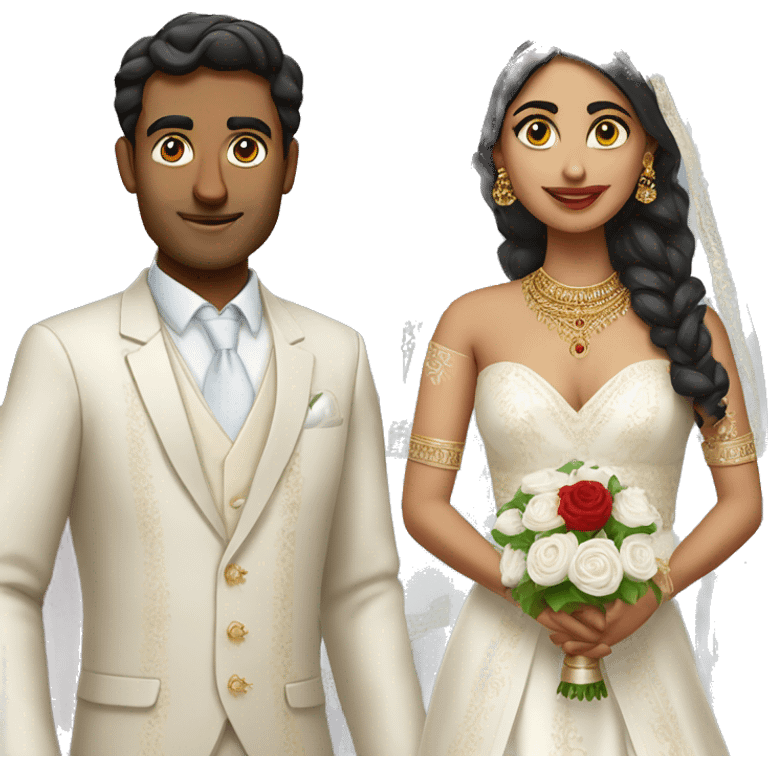 Indian groom with no turban and white skin and blue eyes bride with same outfit emoji