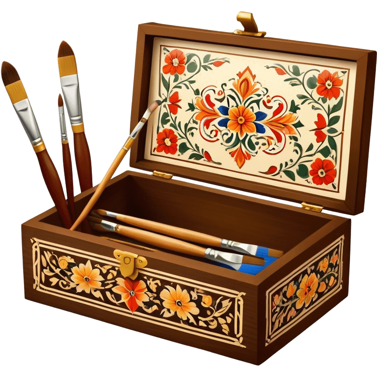 Wooden box painting icon, traditional Palekh or Khokhloma patterns being painted on a wooden box, paintbrush and fine details visible, the box in the process of decoration, visible tools like brushes and paints, minimalistic style, clean lines, transparent background. emoji