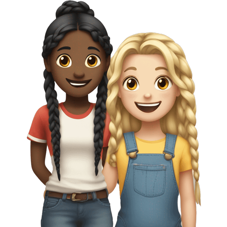 An emoji of a girl with very long blonde hair and a cheerful expression, standing next to a small girl with black hair styled in two braids, both smiling happily emoji