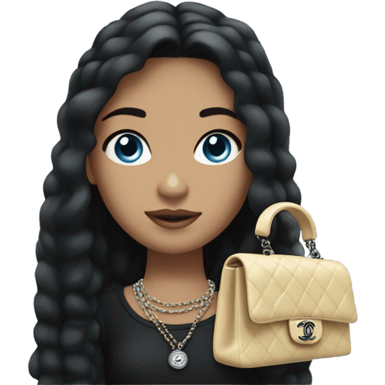 a girl with fair skin, straight black hair, blue eyes, with a Chanel handbag in her hand, stands emoji