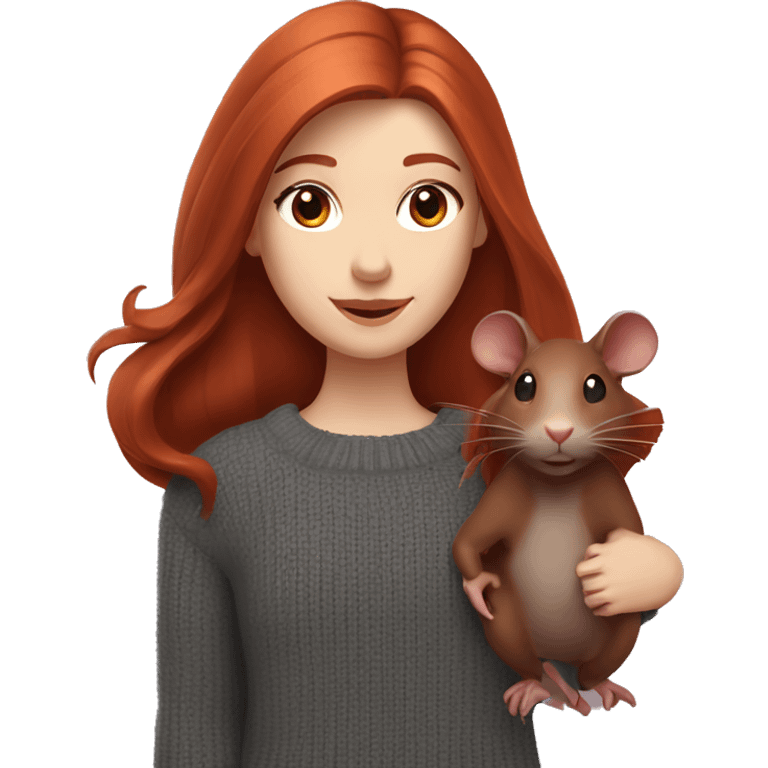 redhead girl with long hair and Dyson styling with grey eyes in a burgundy sweater and a rat on her shoulder emoji