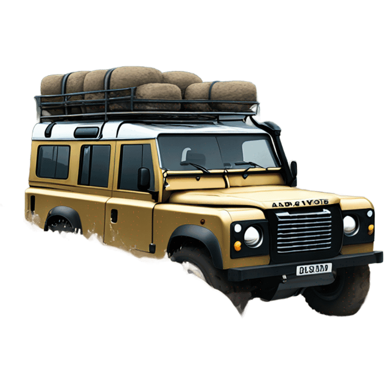 An land rover facing a road full of mud and rocks, with big tires and mud splashing around, showing resistance and adaptability. emoji