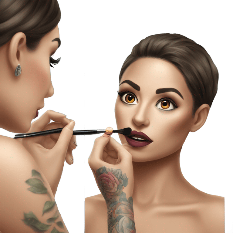 Hyper Realistic Beautiful lightly tattooed woman applying make-up in a mirror  emoji