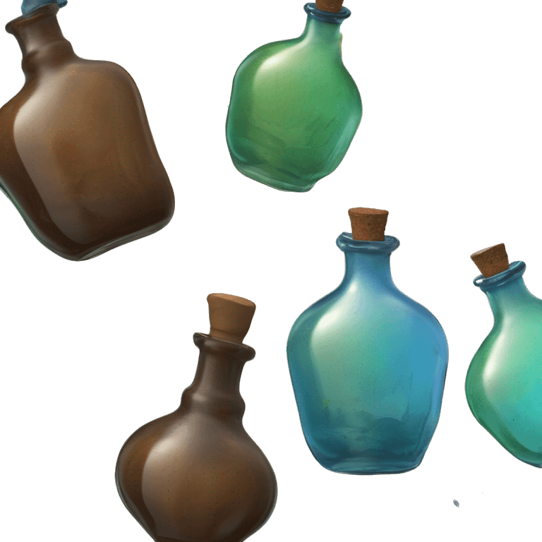 Mysterious Alchemical vintage glass potion bottle, exquisite bottle shape, old and shabby, with label, stylish and minimalistic, brown, blue and green, oil potion is poured out of the bottle, herbal, flowers and oil is spilled next to it emoji