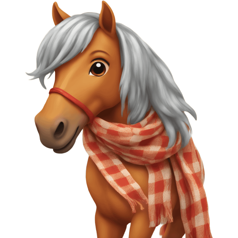 Orange horse with red scarf and checkered coat by the sea smiling  emoji