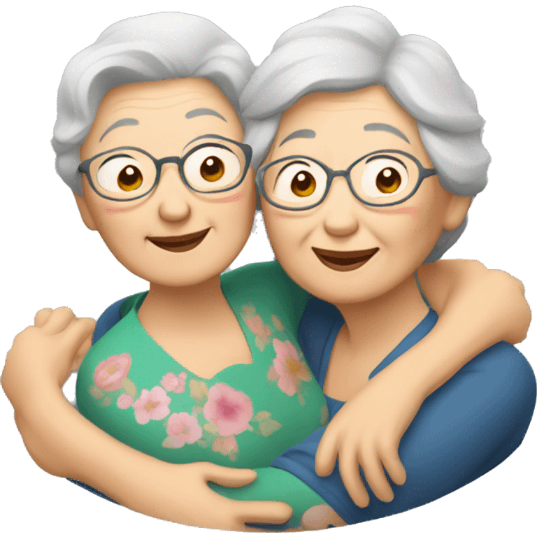 two asian grandma hugging each other, using the IOS grandma emoji emoji