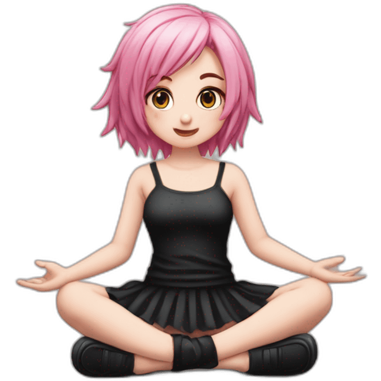 Full body Front view curvy emo girl pink hair sits on the floor straight view hands up black skirt белые трусики полосатые рваные чулки emoji