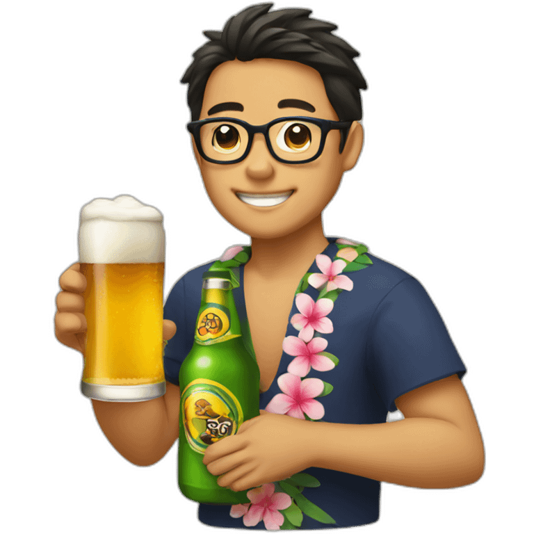 Japanese wearing glasses alohashirt is holding beer emoji