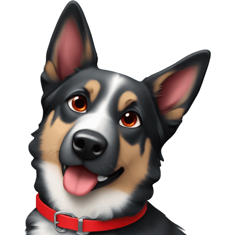 Black and white German Shepard and blue heeler mix with red collar emoji