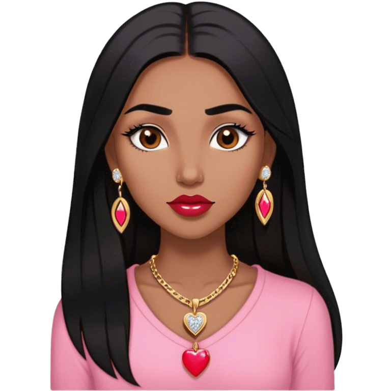 Woman,Medium brown skin,super long black straight hair, medium brown arched eyebrows, full lashes, red nude lips, diamond stud earrings, gold heart locket, pink shirt emoji