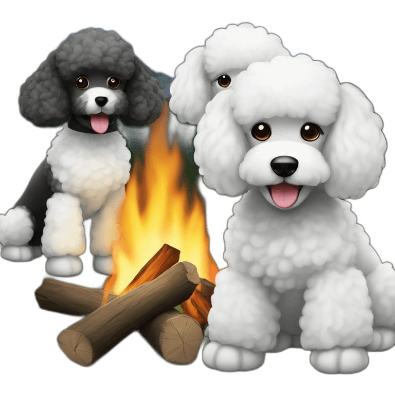 Two Black and one white poodle gathered around campfires emoji