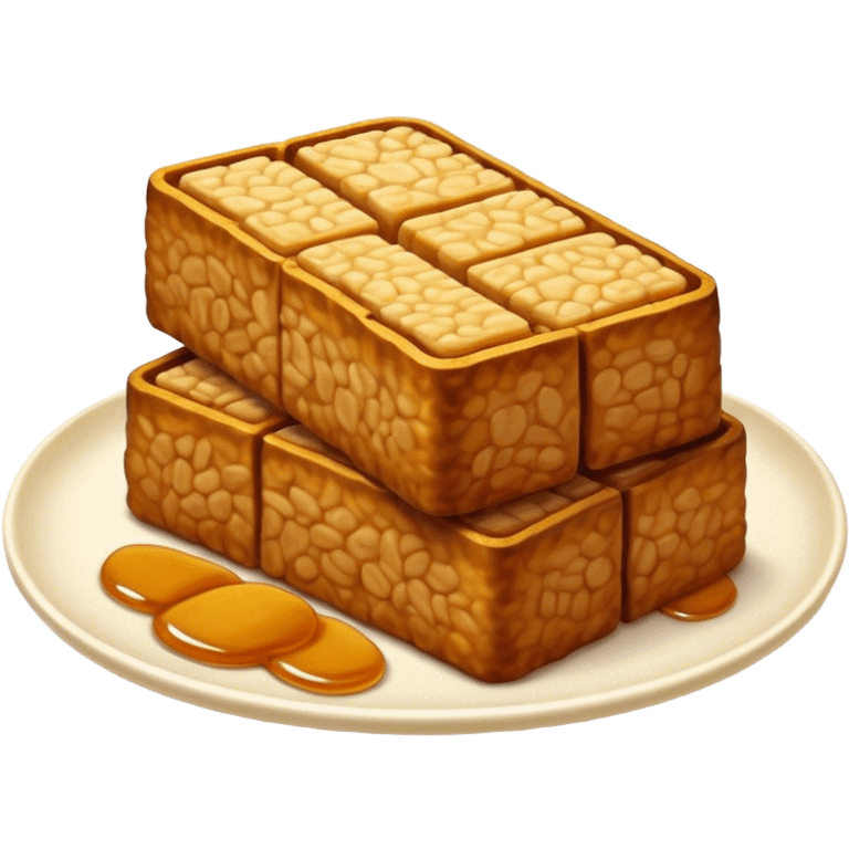 Tempeh Cinematic Realistic Tempeh Dish Emoji, depicted as crispy, sliced portions of fermented soy cake with a golden-brown finish, rendered with detailed textures and warm, inviting lighting. emoji