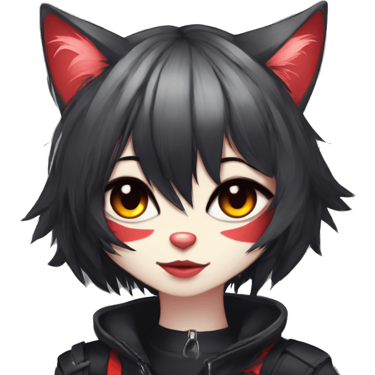 Anthro Edgy Cool Beautiful Black Cat-Fursona with Emo Hair-bangs with Red Streaks Chest Harness emoji