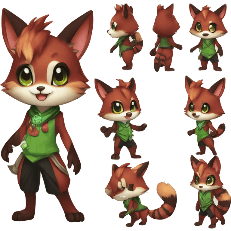 Cute, Chibi, Kemono-style, Anthro, Fur-Sona, Dark-Red, RedPanda-Mouse-hybrid-Transformice-Fakémon, with a green bandana, full body emoji