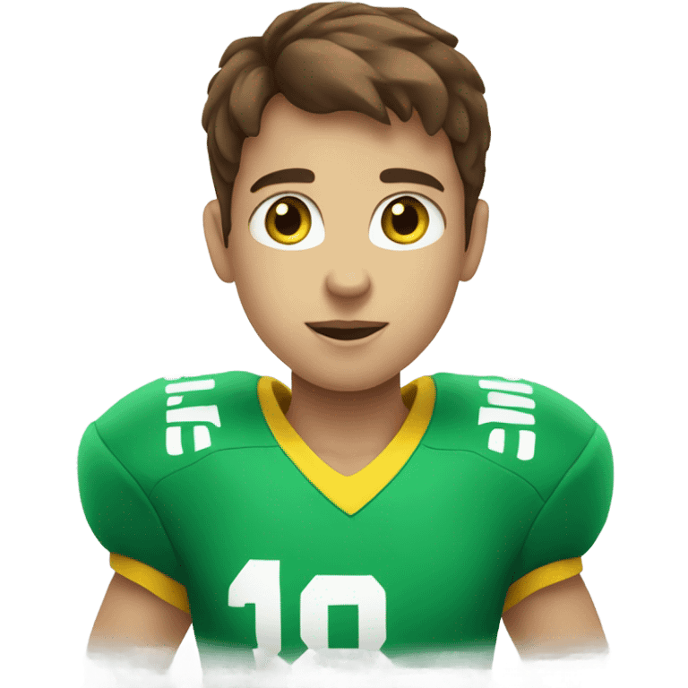 boy with brown hair and blue eyes. wearing a green and yellow shirt. holding a football  emoji