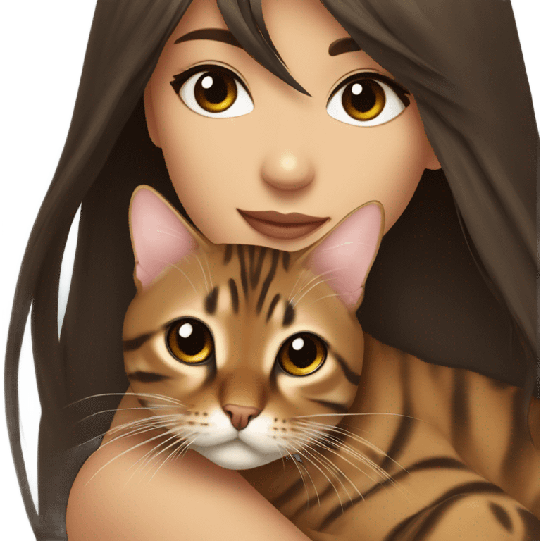 Beautiful woman long dark brown hair have Straight bangs hug bengal cat emoji