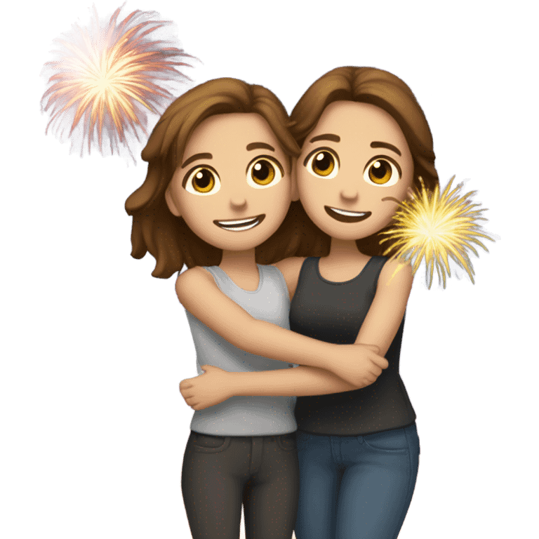 Fireworks and Two white girls with brown hair hugging emoji