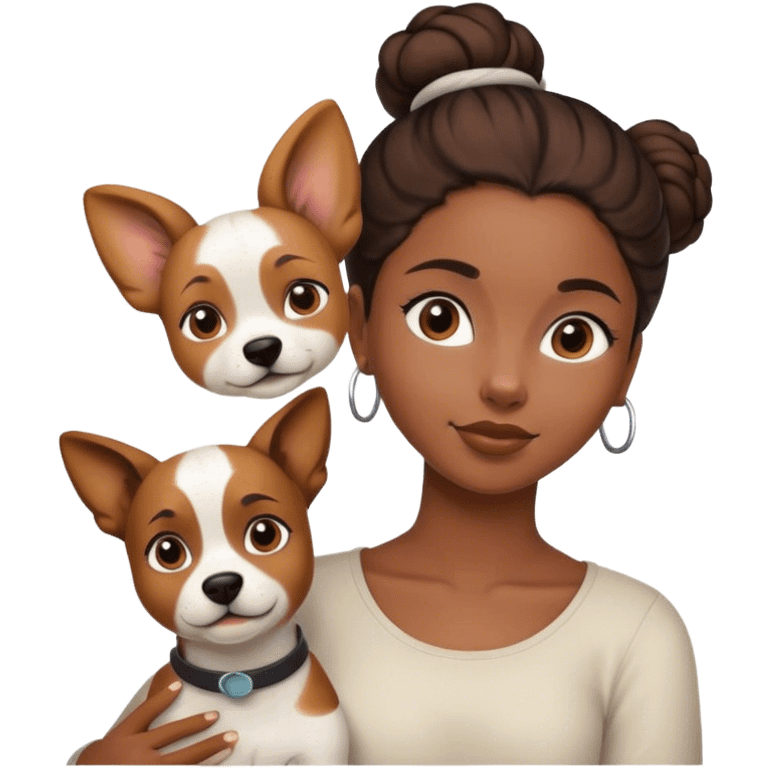 smart, 30 year old, brown African girl, back bun hairstyle, with one big white brown dog emoji