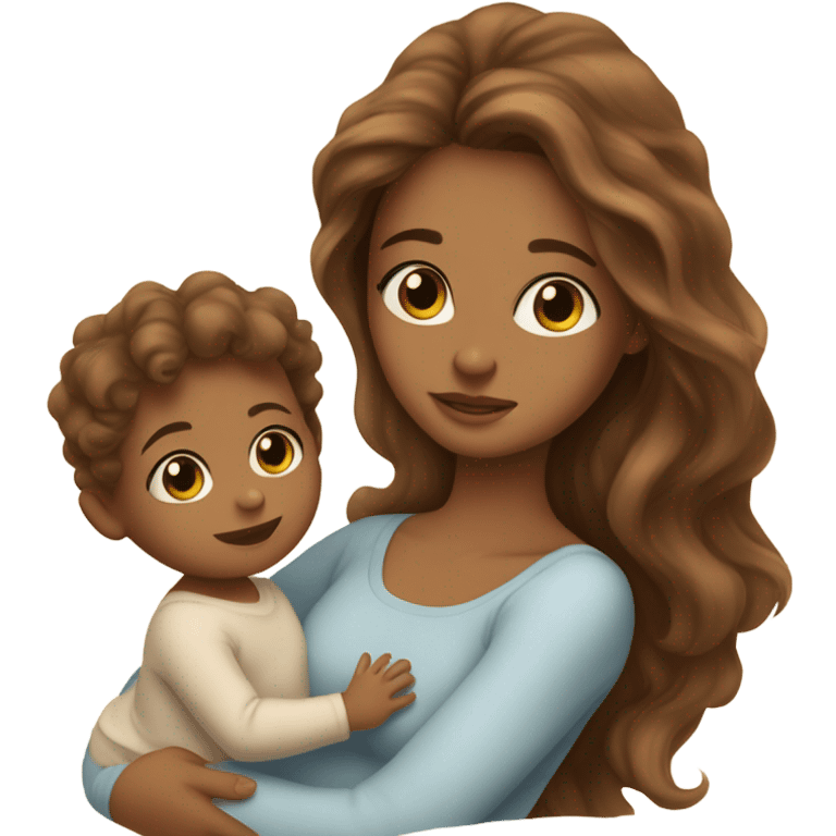 light Tan girl with long brown wavy hair and hazel eyes holding newborn baby boy in arms  emoji