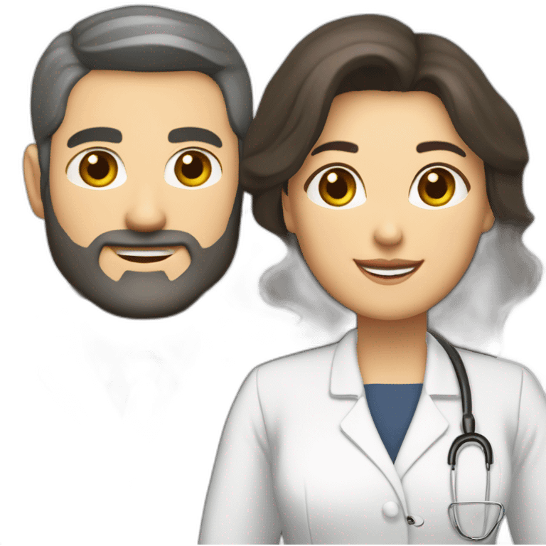 husband caucasian age 55 dark hair trimmed beard wearing business suit holding bible, wife asian age 55 dark hair nurse uniform, no children emoji