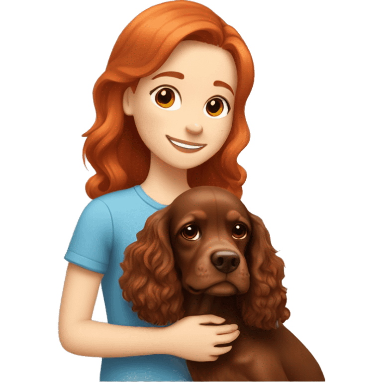 A very cute girl with red hair cuddling a happy brown English Cocker Spaniel. emoji