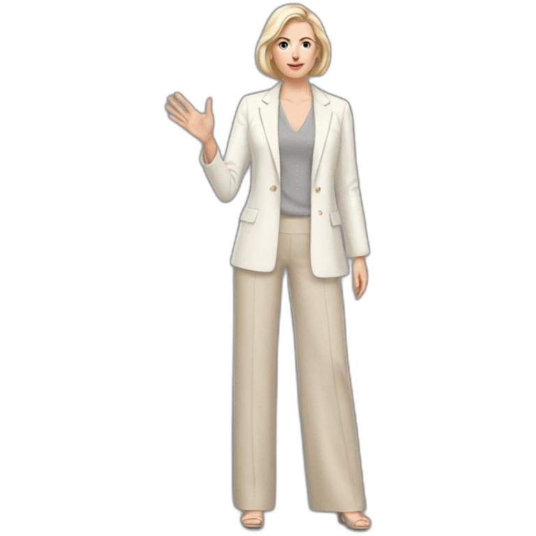 Full height Actively gesturing with hands pale skin woman with ash blonde Straightened bob Hair, White Spacious classical jacket, beige palazzo Arrow pants and gray blouse emoji