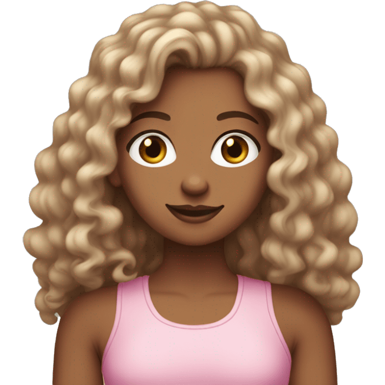 Olive-skinned white girl with long curly dark brown hair, brown eyes, wearing a pink tank top emoji