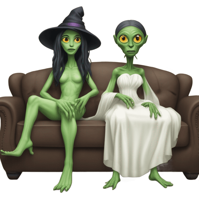 alien reptilian woman as witch, normal human man in white dress, sitting on a couch  emoji