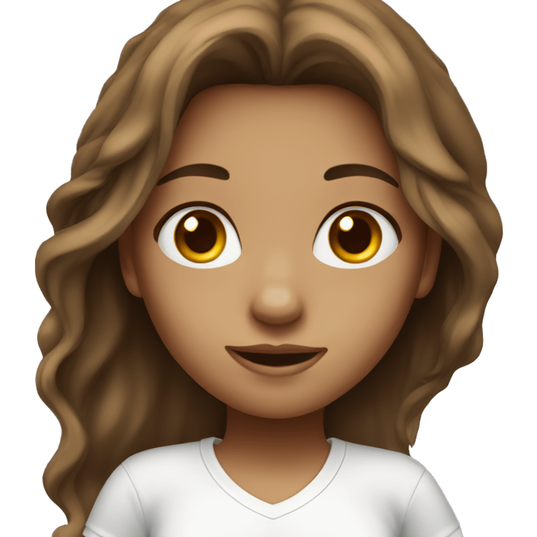 Girl with brown lonng hair, brown eyes, wearing white t shirt  emoji