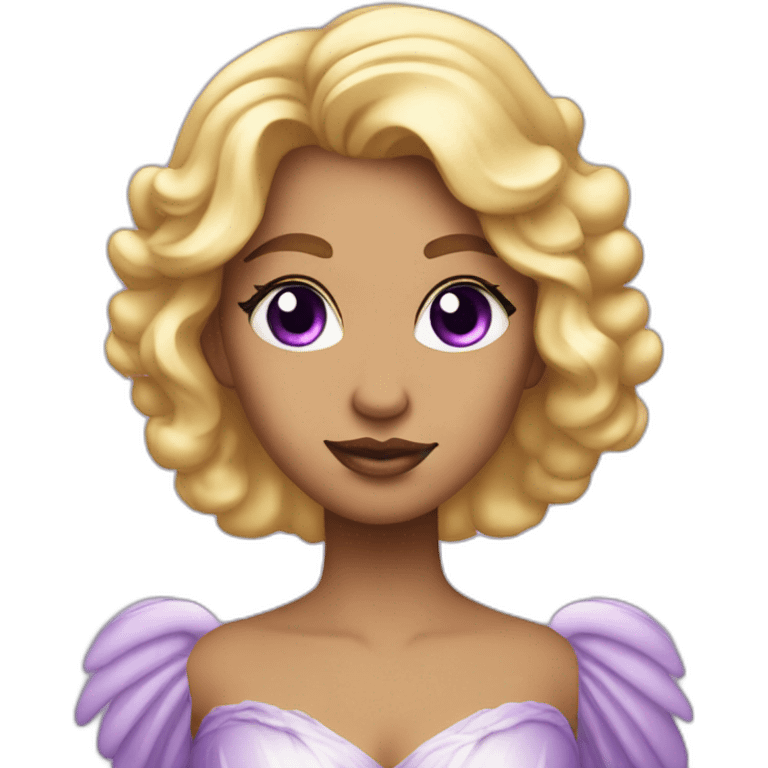 An angelic woman in a fancy purple dress, with purple eye shadow, long blonde hair, and wrinkles on her face emoji